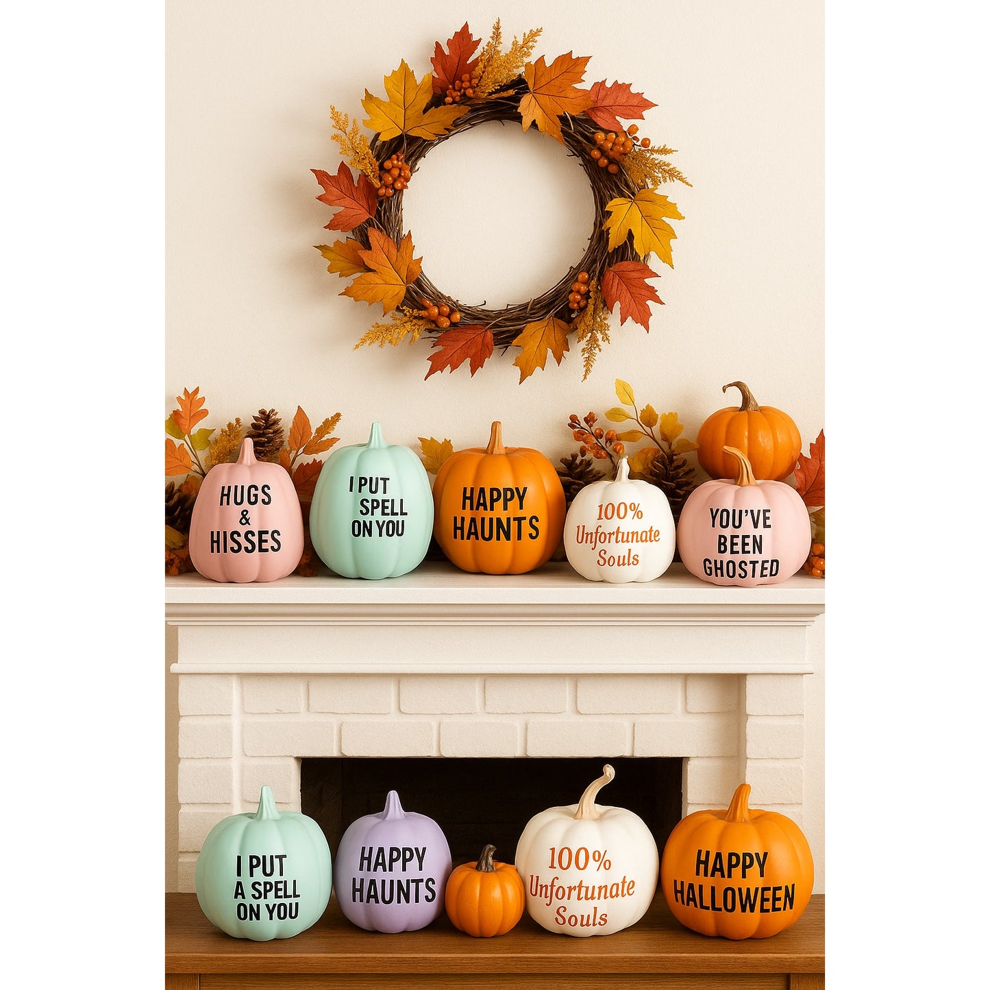 Set of 7 Decorative Halloween Pumpkins – Pastel & Classic Designs - Fun Sayings