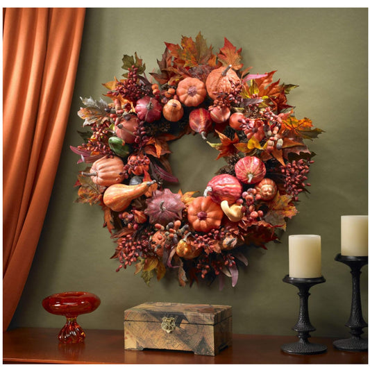 Nearly Natural 28-in Harvest Wreath Artificial Pumpkins Gourds Fall Leaves