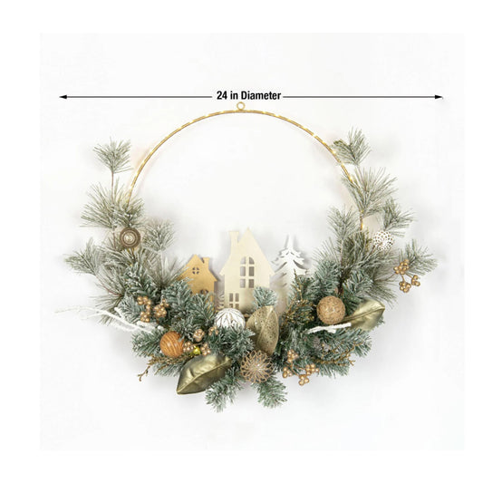 Member's Mark 24" Pre-Lit Village Wreath Gold Glitter Magnolia Leaves, Ornaments