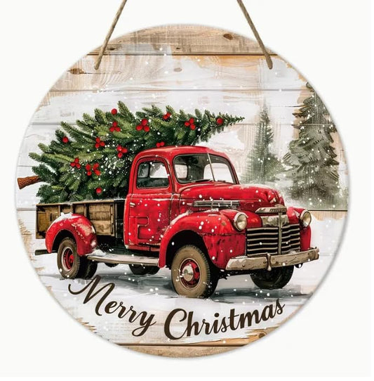 Merry Christmas Welcome Sign - 7.9"X7.9" Wooden Truck Design For Front Door, Farmhouse Porch Decor, Room Aesthetics & Home Wall Art