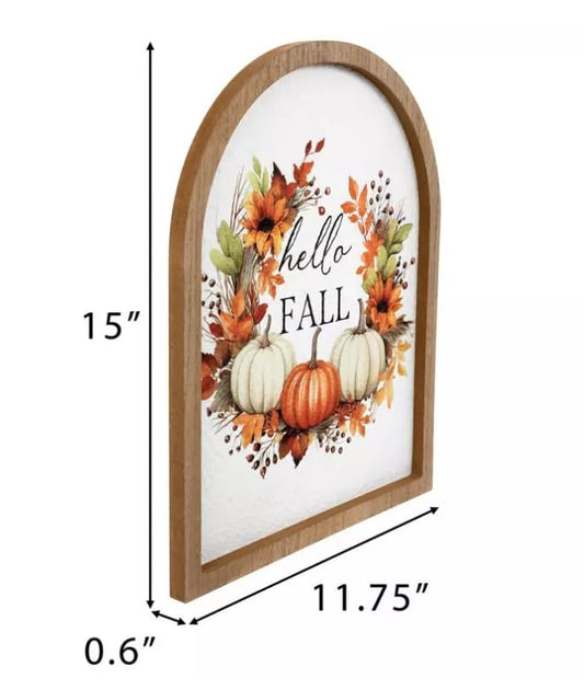 "Hello Fall" Wood Arch Pumpkin Autumn Foliage Floral Design Wall Decor, 15" x 12"