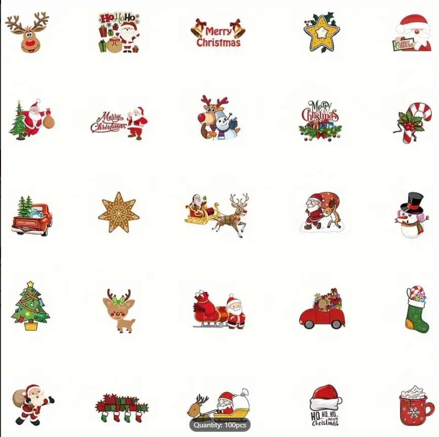 100pcs Festive Christmas Stickers - Cartoon Santa, Animals & Tree Designs for Laptops, Scrapbooks & Fridge Decor | Matte Finish, Self-Adhesive PVC