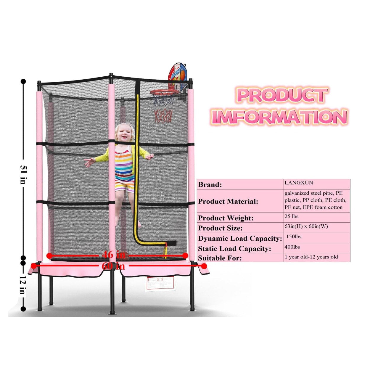 60" Trampoline for Kids with Basketball Hoop, 5ft with Raised Safety Net