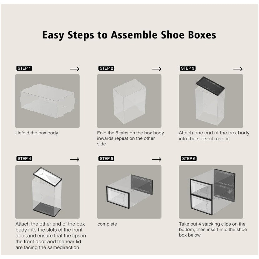 12 Pack Shoe Storage Box, Clear/Black Plastic Stackable Interlocking Bins MED