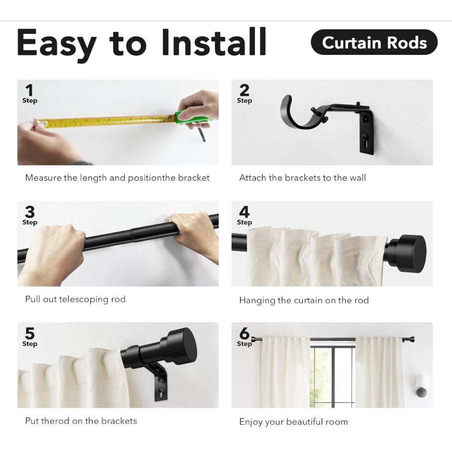 Heavy Duty Curtain Rods for Windows 28 to 48 Inch, 1 Inch Adjustable Black Curtain Rod