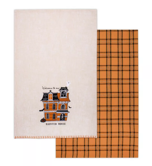 2pk Halloween Haunted House Printed and Plaid Dish Kitchen Towel - Bullseye's Playground™