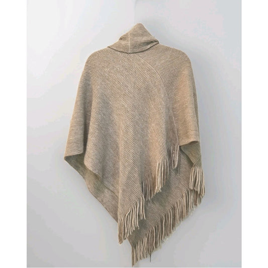 Chicos Women's Poncho One Size Cowl Neck Knit Stripe Fringe Cozy Tan White Gold