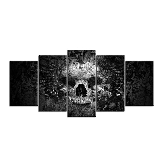 5-Piece Skull Canvas Wall Art – Dark Gothic Black and White Skull Painting for Living Room, Bedroom