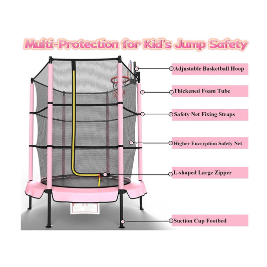 60" Trampoline for Kids with Basketball Hoop, 5ft with Raised Safety Net