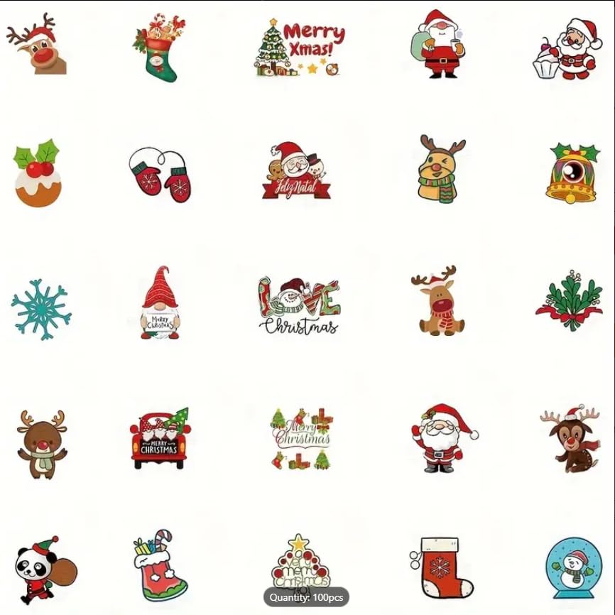 100pcs Festive Christmas Stickers - Cartoon Santa, Animals & Tree Designs for Laptops, Scrapbooks & Fridge Decor | Matte Finish, Self-Adhesive PVC