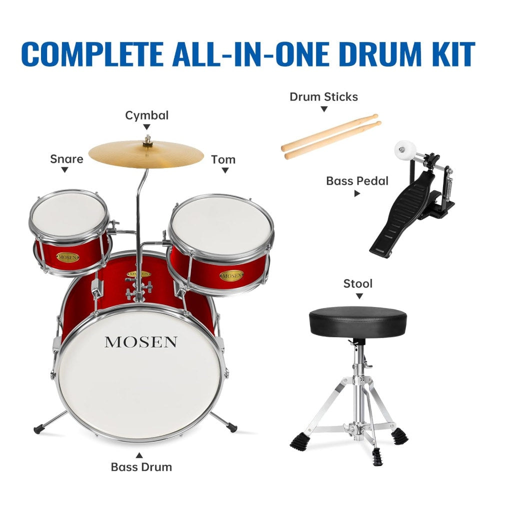 MOSEN Drum Set 3-Piece Beginner Drum Set Junior Drum Kit with Adjustable Throne