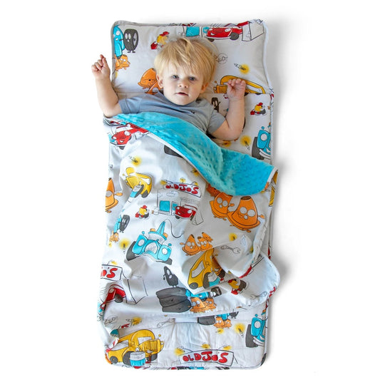 JumpOff Jo Plush Minky Toddler Nap Mat w/ Pillow - Jo’s Garage 43” x 20”