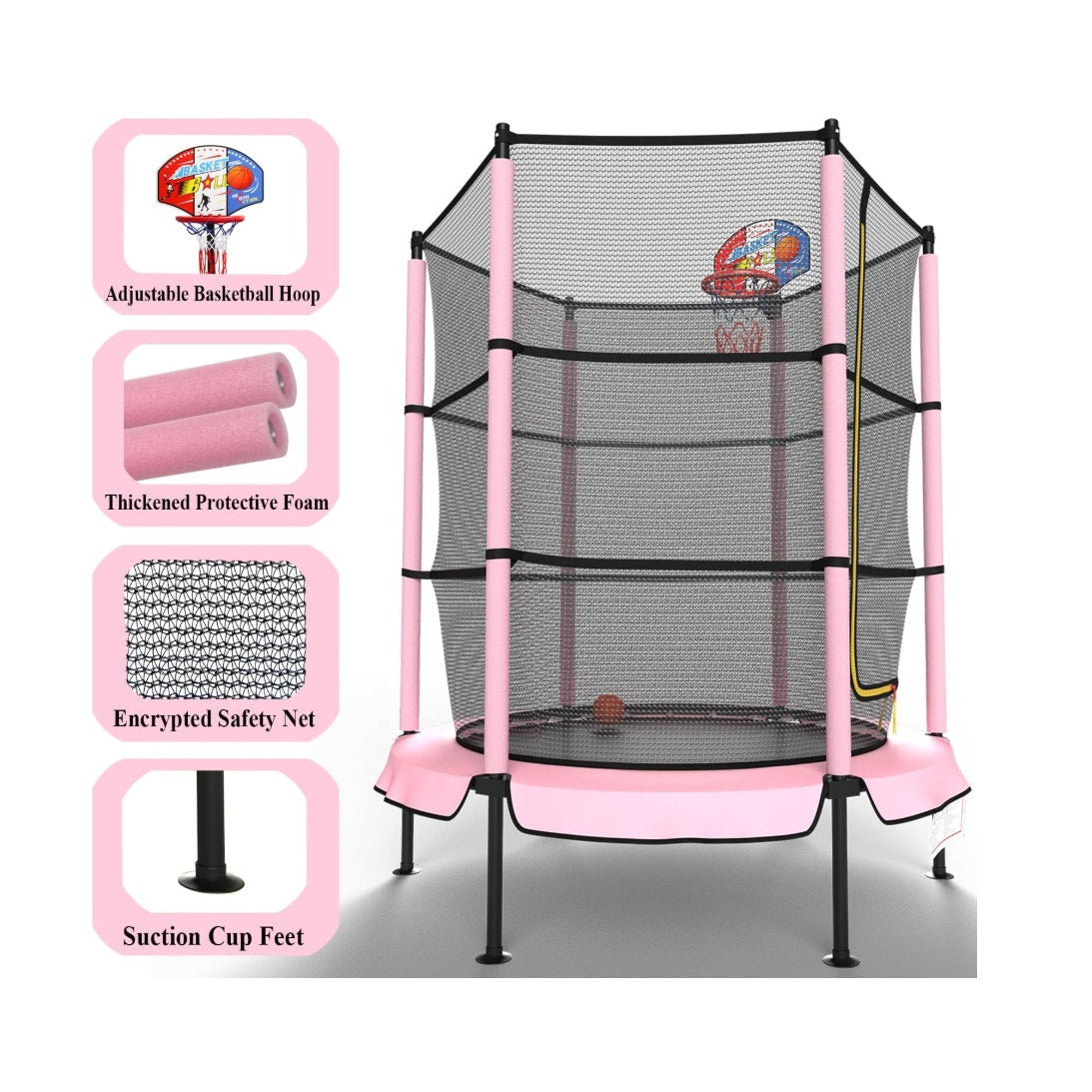 60" Trampoline for Kids with Basketball Hoop, 5ft with Raised Safety Net