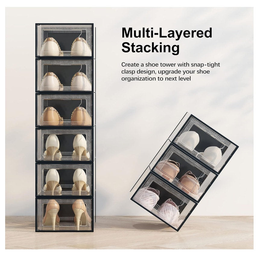 12 Pack Shoe Storage Box, Clear/Black Plastic Stackable Interlocking Bins MED