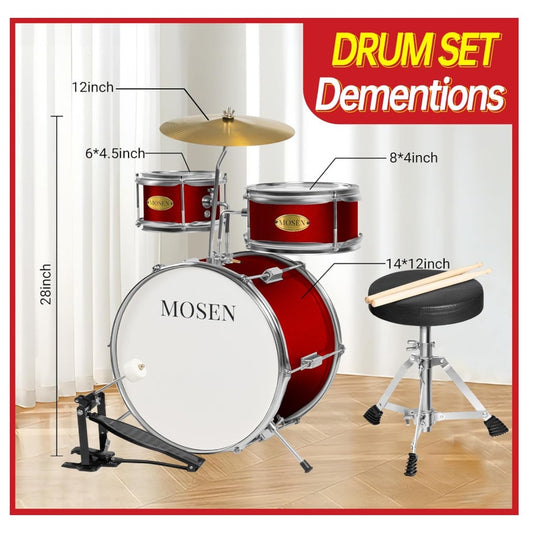 MOSEN Drum Set 3-Piece Beginner Drum Set Junior Drum Kit with Adjustable Throne