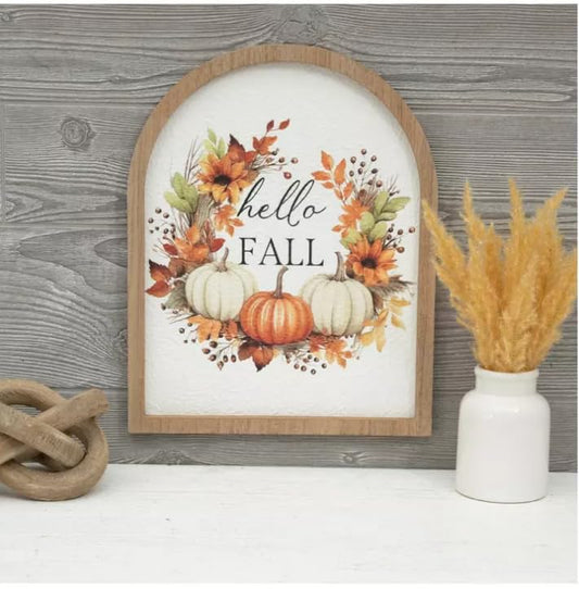 "Hello Fall" Wood Arch Pumpkin Autumn Foliage Floral Design Wall Decor, 15" x 12"