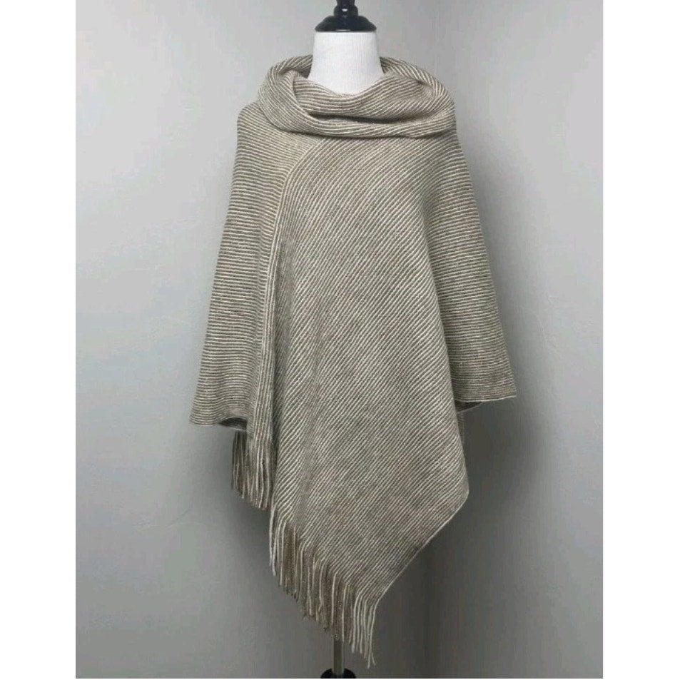 Chicos Women's Poncho One Size Cowl Neck Knit Stripe Fringe Cozy Tan White Gold
