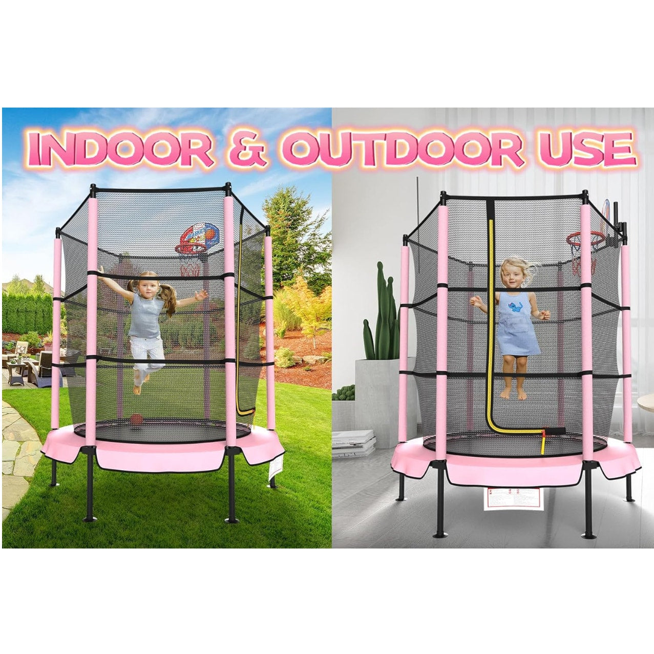 60" Trampoline for Kids with Basketball Hoop, 5ft with Raised Safety Net