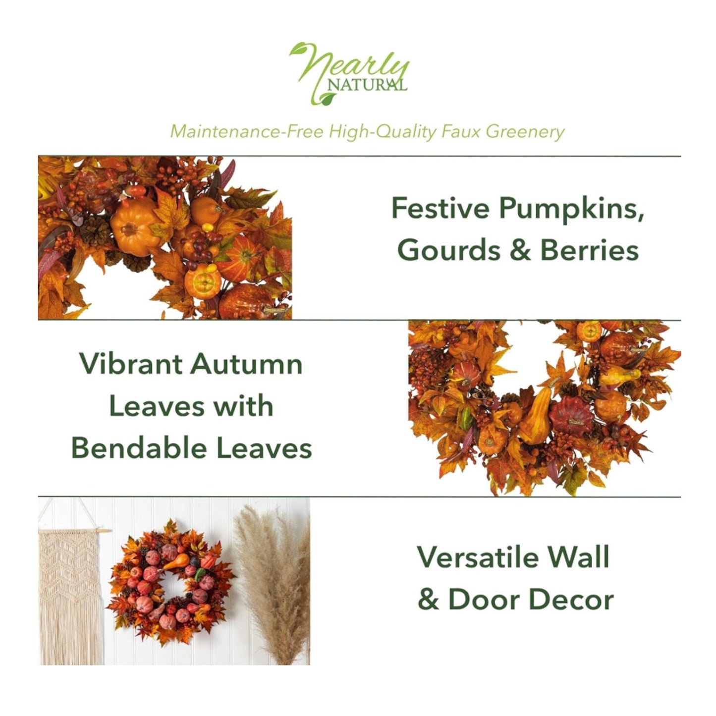 Nearly Natural 28-in Harvest Wreath Artificial Pumpkins Gourds Fall Leaves