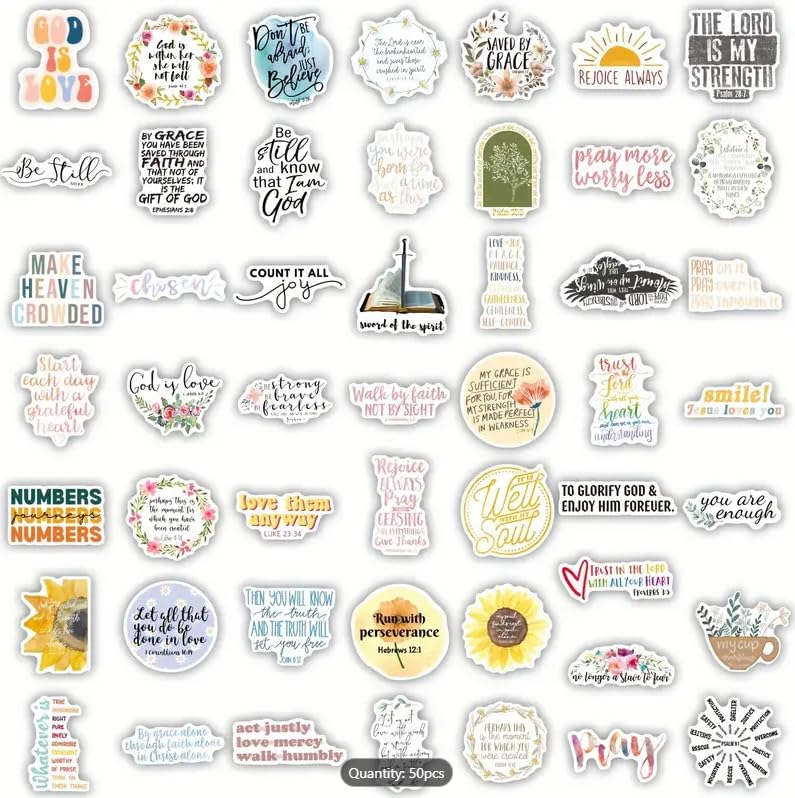 50 Pcs Inspirational Bible Verse Stickers - Vinyl Religious & Christian Motivational Quotes, Reusable, Irregular Shapes, Self-Adhesive, for Water Bottles, Skateboards, Laptops, Phones, Journaling