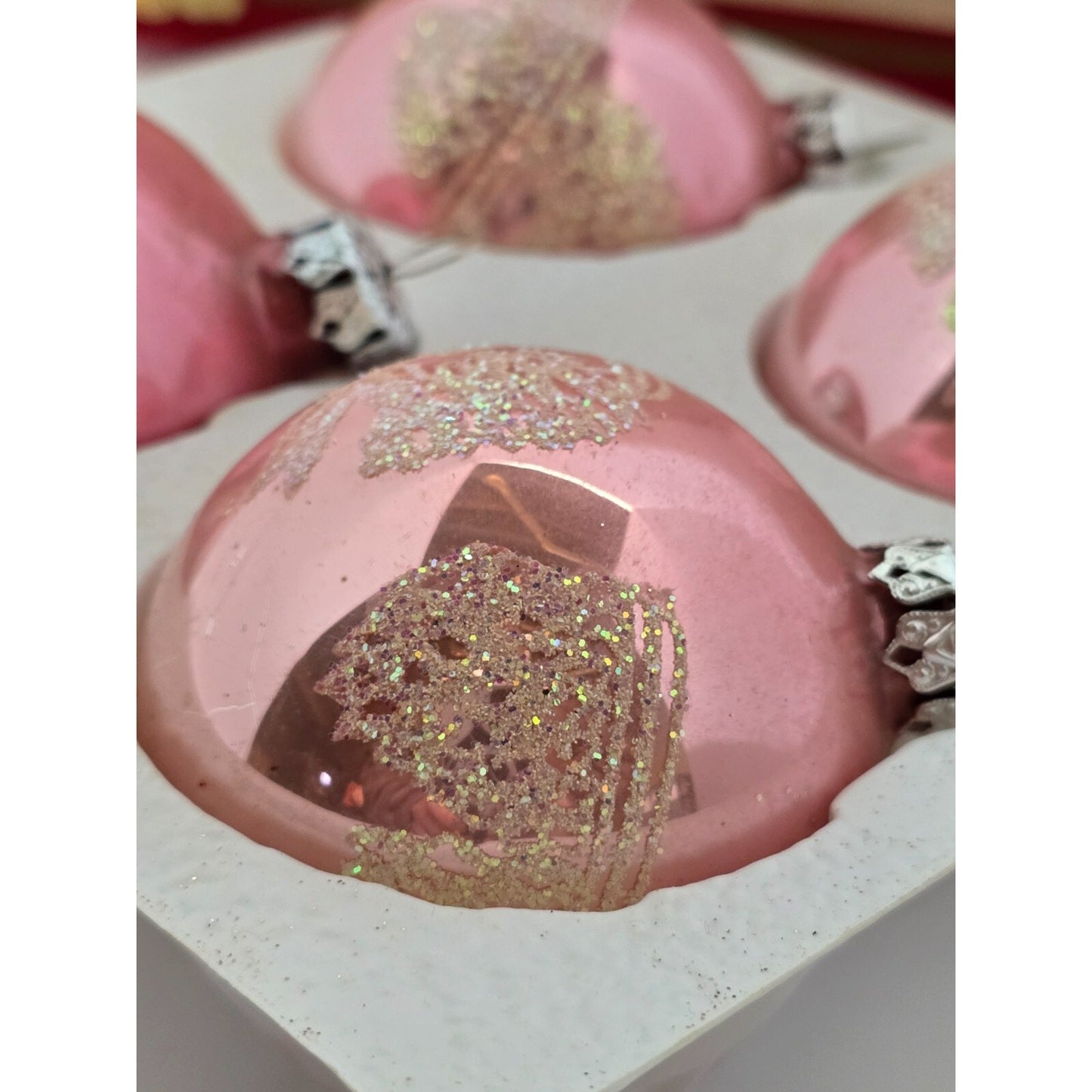 Victoria Collection Pink Glass Glitter Ornaments 3 Boxes (4 each) Original Box