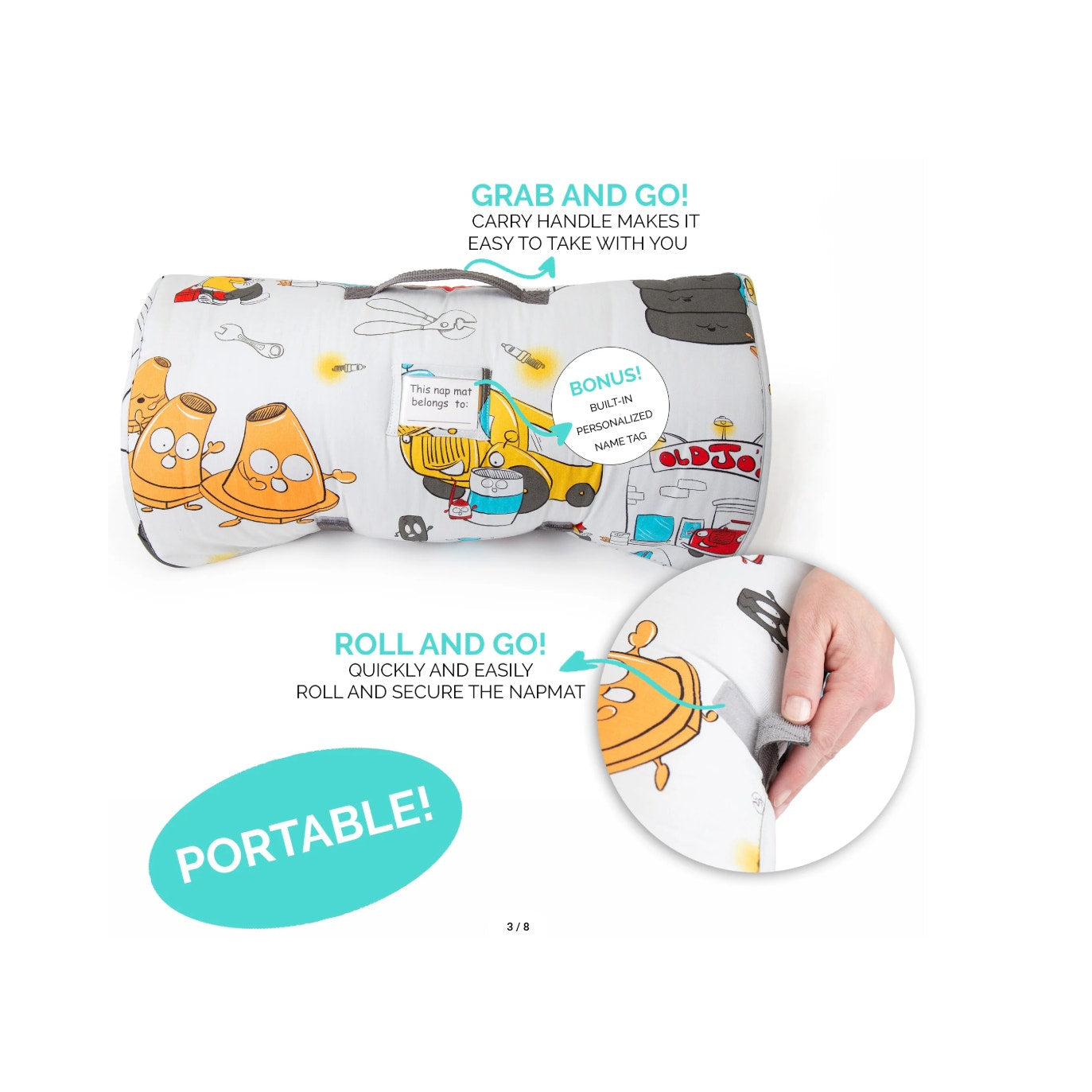 JumpOff Jo Plush Minky Toddler Nap Mat w/ Pillow - Jo’s Garage 43” x 20”