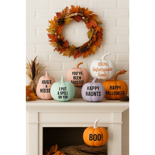 Set of 7 Decorative Halloween Pumpkins – Pastel & Classic Designs - Fun Sayings