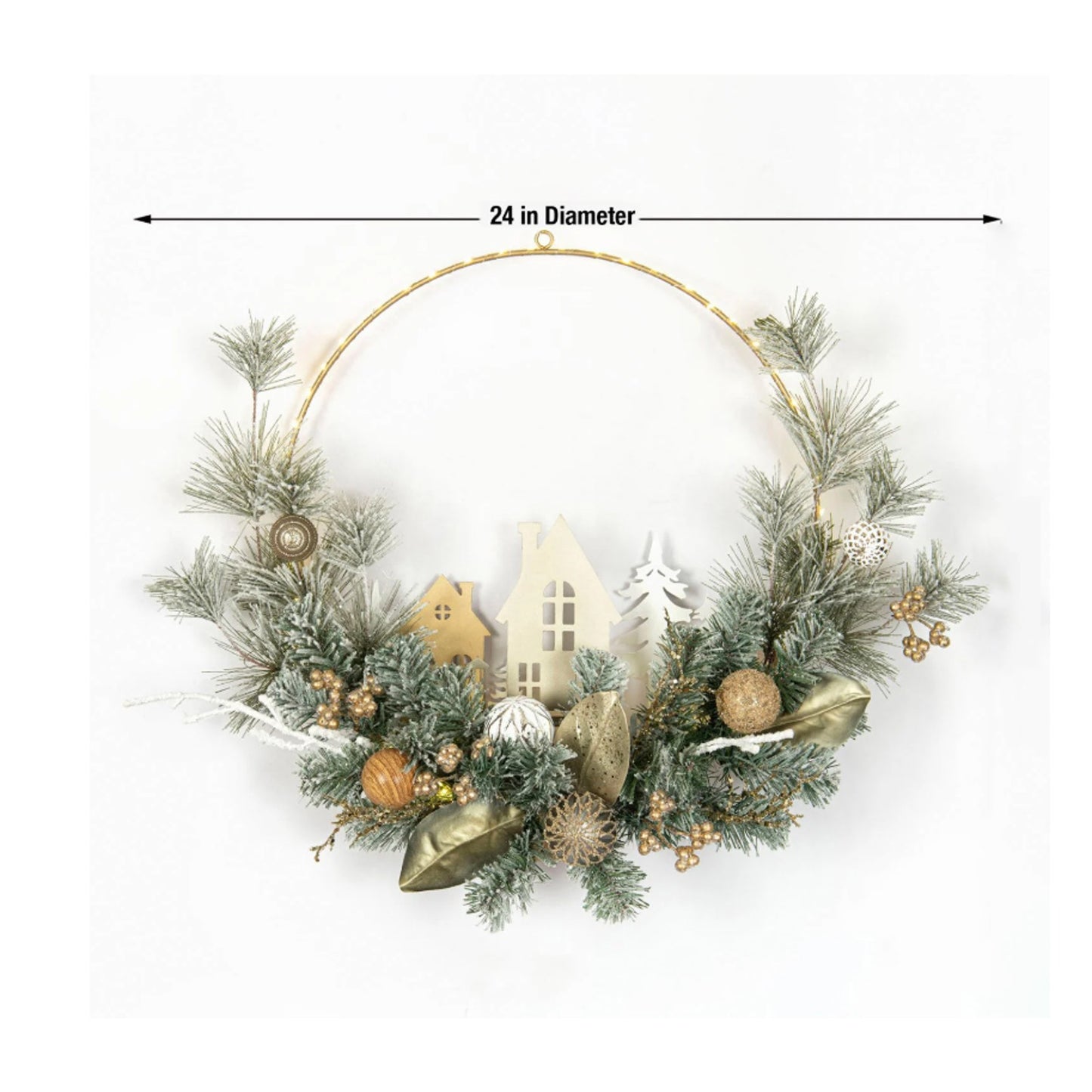 Member's Mark 24" Pre-Lit Village Wreath Gold Glitter Magnolia Leaves, Ornaments