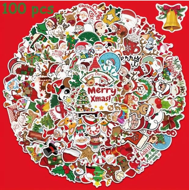 100pcs Festive Christmas Stickers - Cartoon Santa, Animals & Tree Designs for Laptops, Scrapbooks & Fridge Decor | Matte Finish, Self-Adhesive PVC
