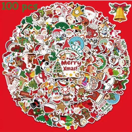 100pcs Festive Christmas Stickers - Cartoon Santa, Animals & Tree Designs for Laptops, Scrapbooks & Fridge Decor | Matte Finish, Self-Adhesive PVC