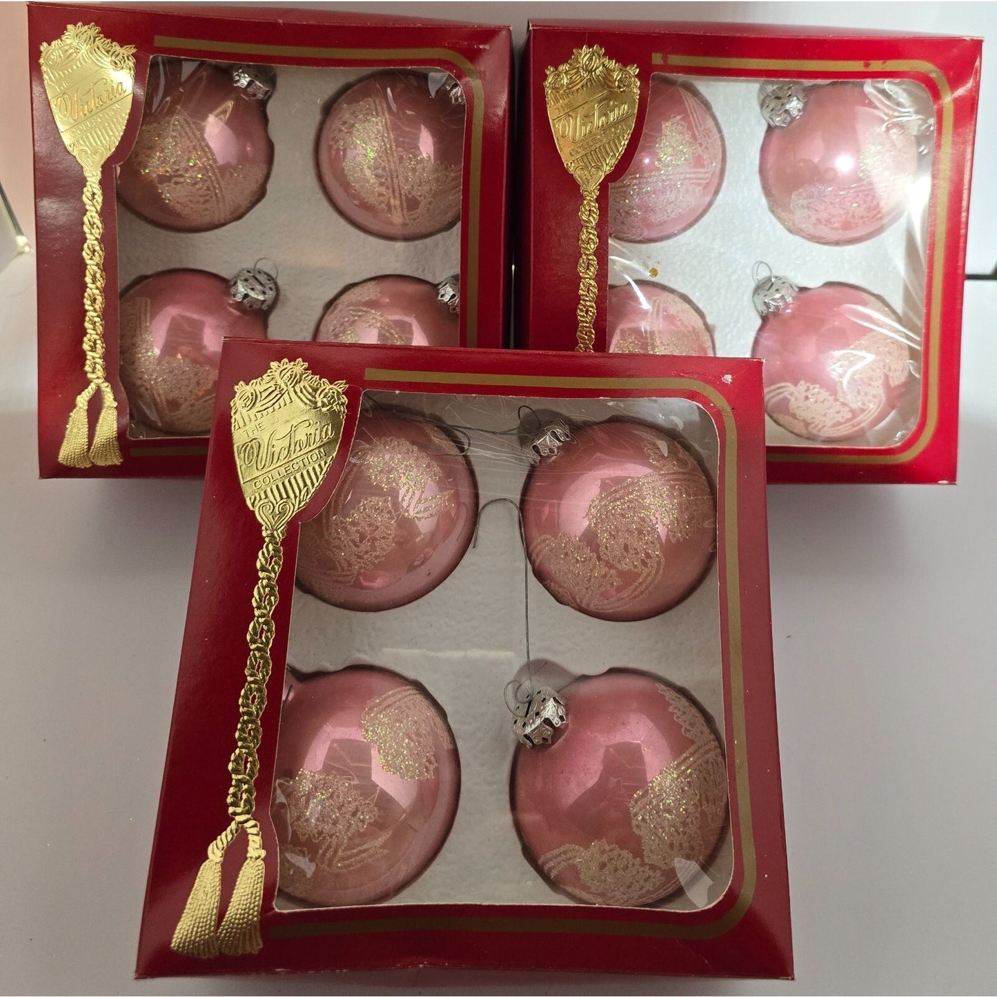 Victoria Collection Pink Glass Glitter Ornaments 3 Boxes (4 each) Original Box