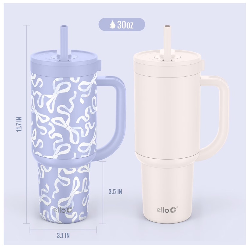 Ello Oasis 30oz Stainless Steel Tumbler, 100% Leakproof, 2-Pack Bows, Cream