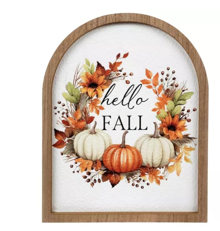 "Hello Fall" Wood Arch Pumpkin Autumn Foliage Floral Design Wall Decor, 15" x 12"
