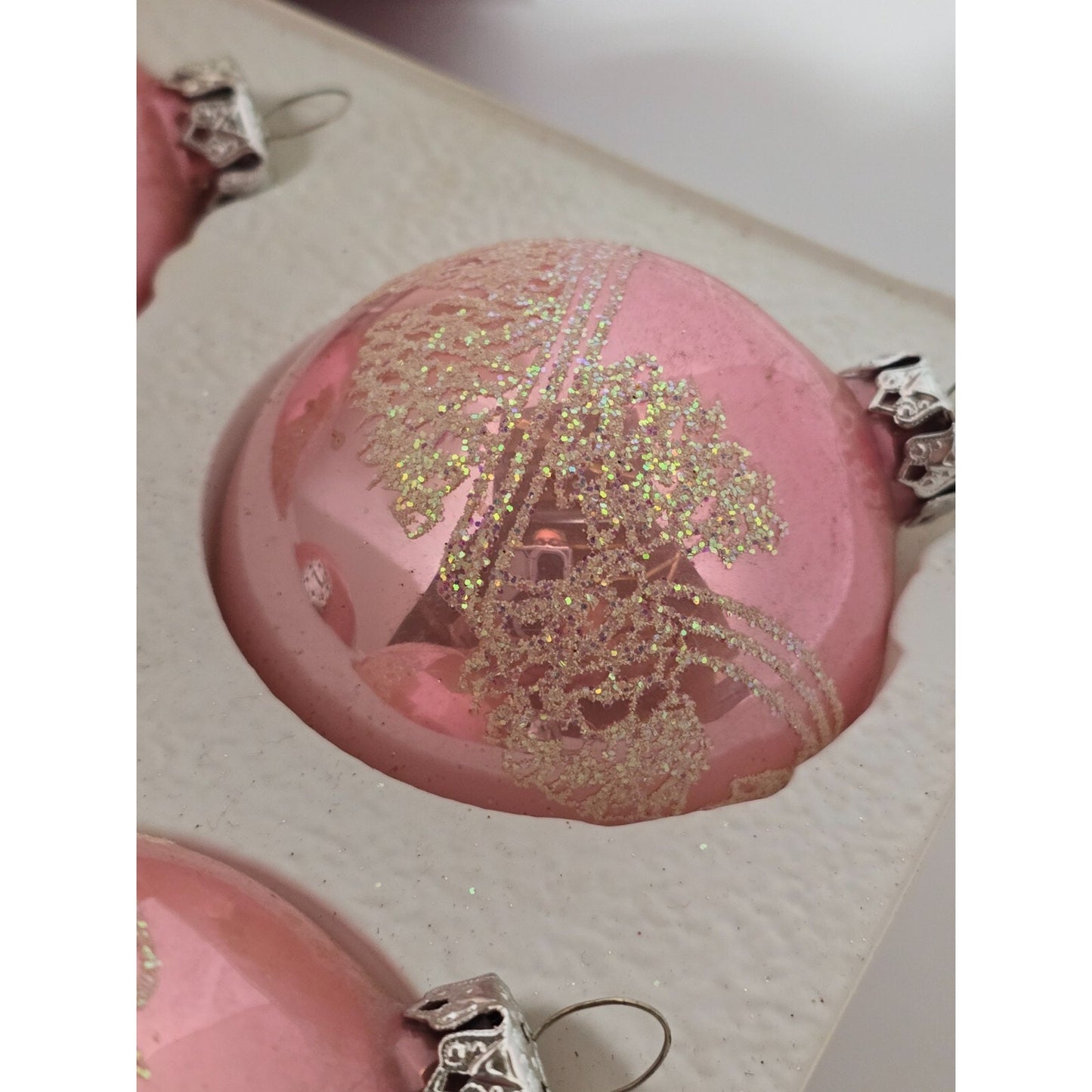 Victoria Collection Pink Glass Glitter Ornaments 3 Boxes (4 each) Original Box