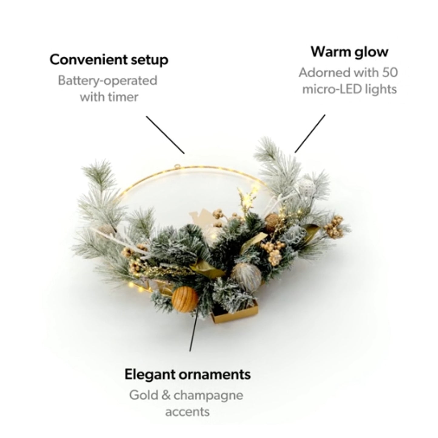 Member's Mark 24" Pre-Lit Village Wreath Gold Glitter Magnolia Leaves, Ornaments