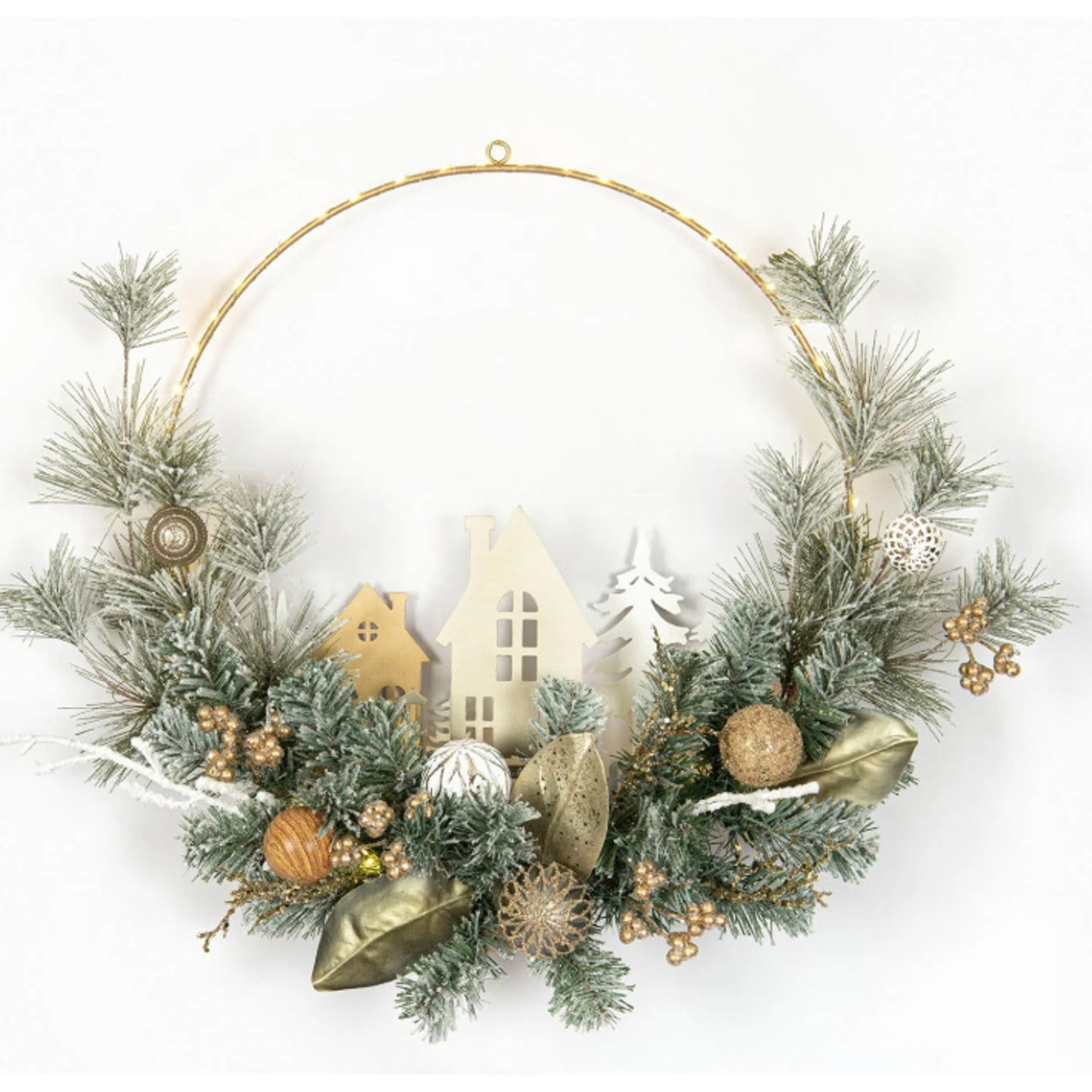 Member's Mark 24" Pre-Lit Village Wreath Gold Glitter Magnolia Leaves, Ornaments