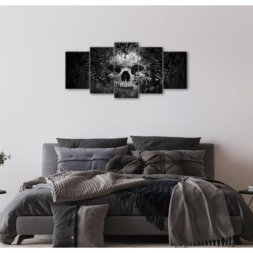 5-Piece Skull Canvas Wall Art – Dark Gothic Black and White Skull Painting for Living Room, Bedroom