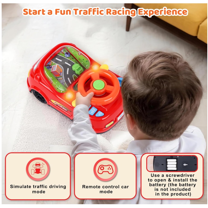 2-in-1 Toddler RC Racing Car Steering Wheel Toy, Simulated Learning Game 18+ Mos