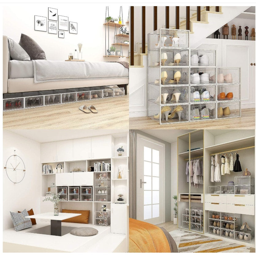 12 Pack Shoe Storage Box, Clear/Black Plastic Stackable Interlocking Bins MED