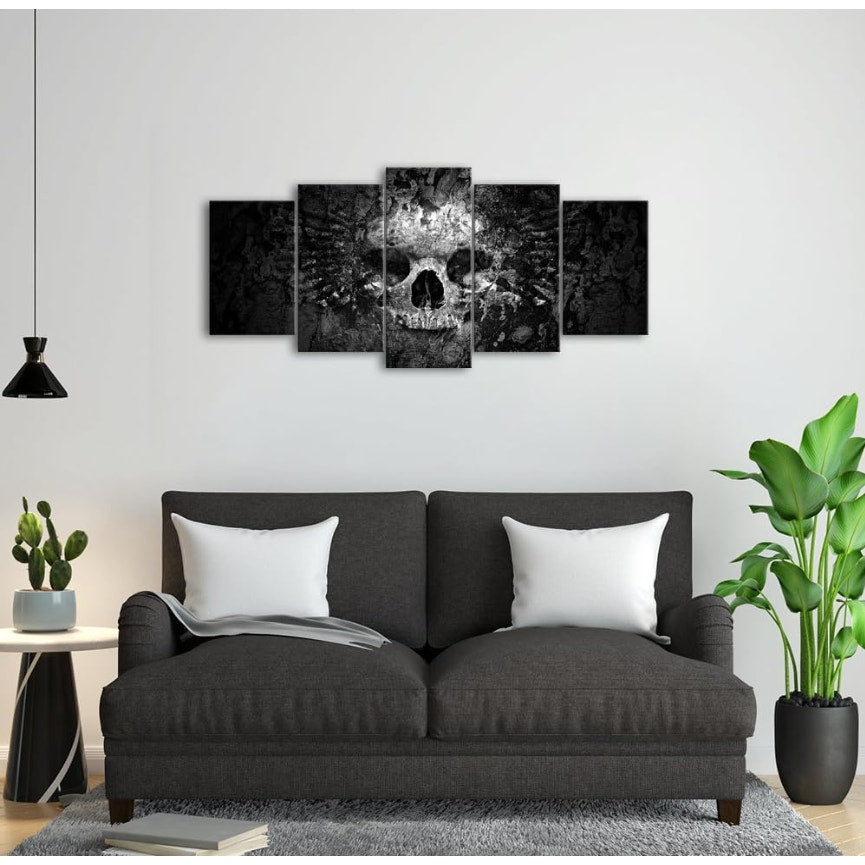 5-Piece Skull Canvas Wall Art – Dark Gothic Black and White Skull Painting for Living Room, Bedroom