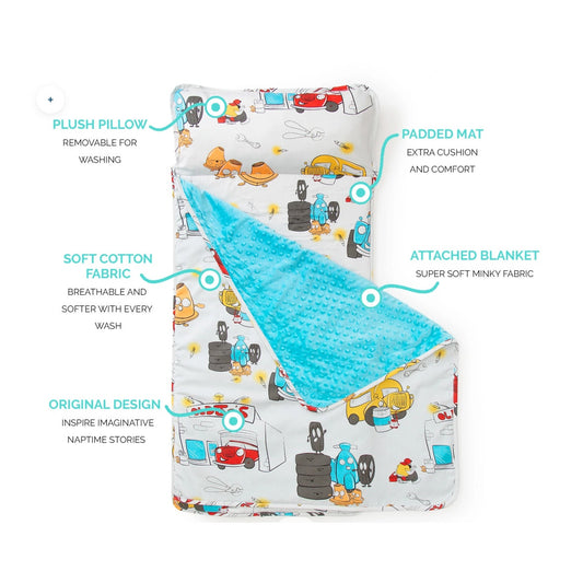 JumpOff Jo Plush Minky Toddler Nap Mat w/ Pillow - Jo’s Garage 43” x 20”
