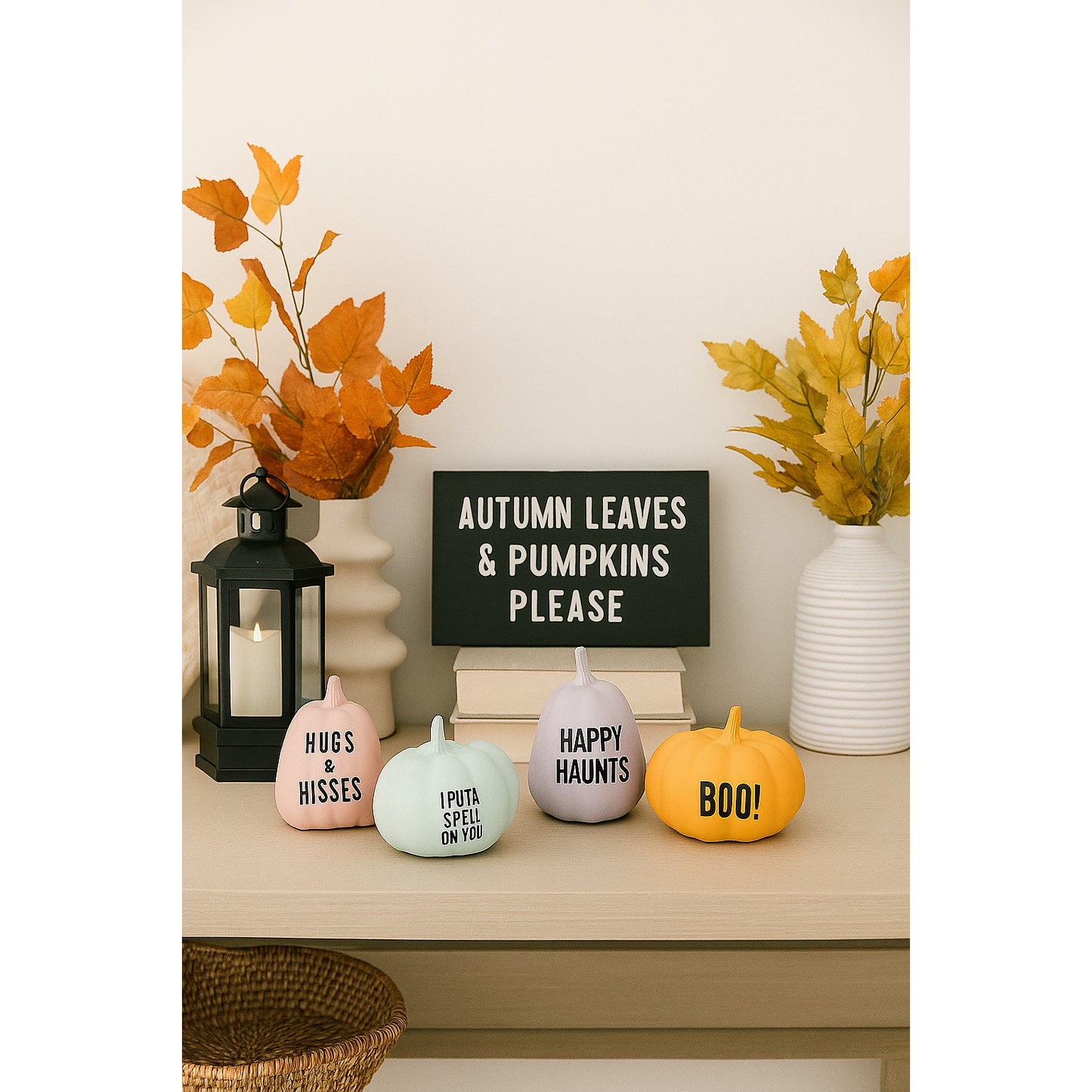 Set of 7 Decorative Halloween Pumpkins – Pastel & Classic Designs - Fun Sayings