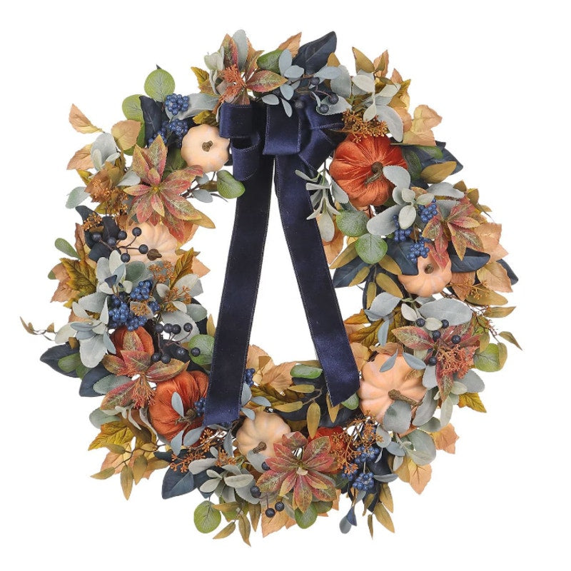 Member's Mark 30" Blue Harvest Wreath with Velvet Bow, Soft Pumpkins - Luxurious