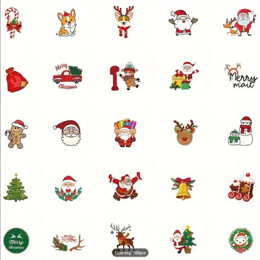 100pcs Festive Christmas Stickers - Cartoon Santa, Animals & Tree Designs for Laptops, Scrapbooks & Fridge Decor | Matte Finish, Self-Adhesive PVC