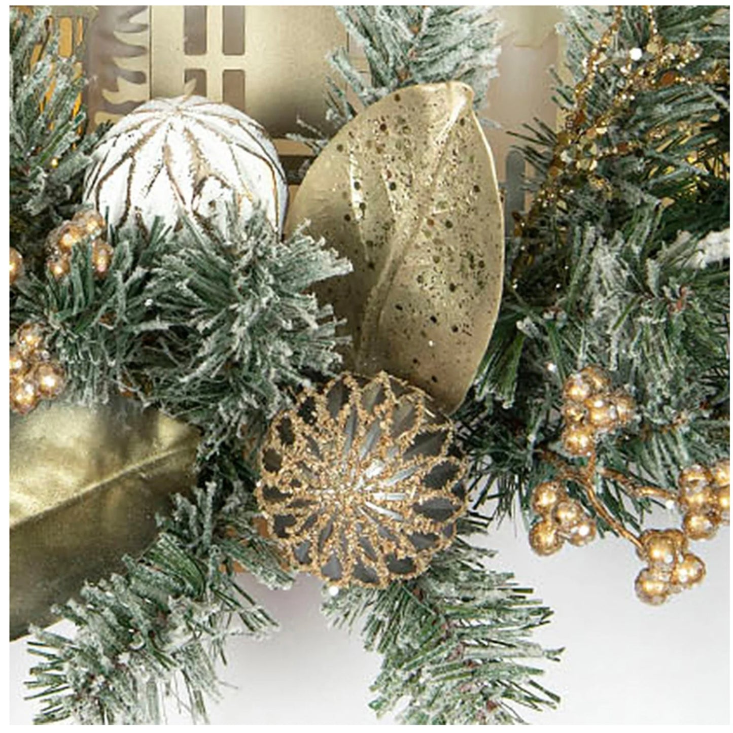 Member's Mark 24" Pre-Lit Village Wreath Gold Glitter Magnolia Leaves, Ornaments