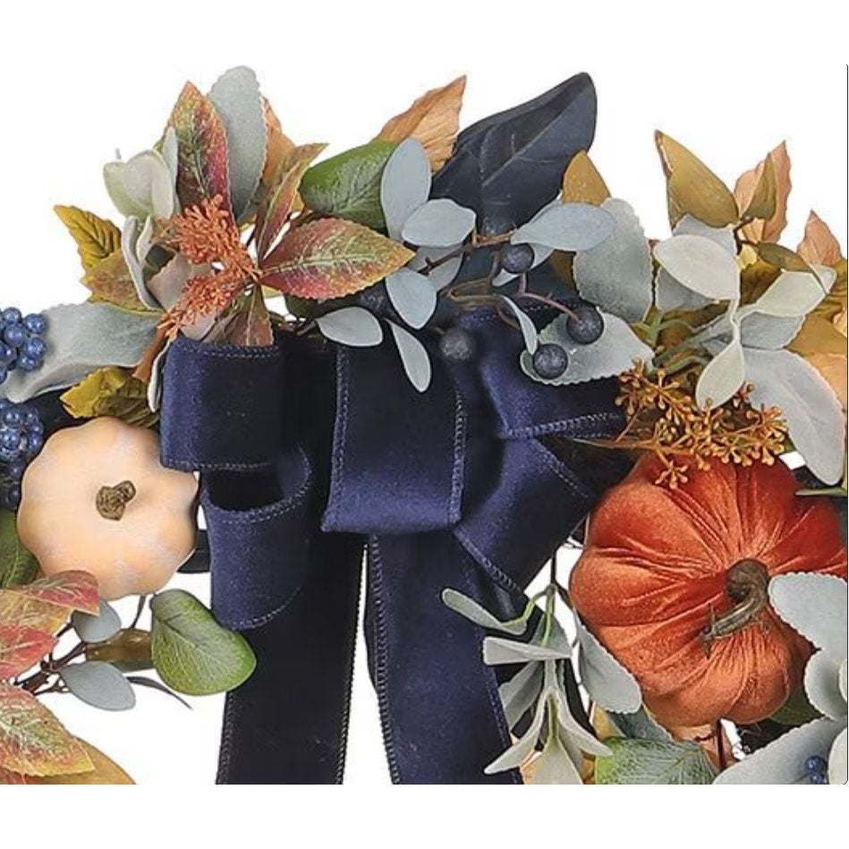 Member's Mark 30" Blue Harvest Wreath with Velvet Bow, Soft Pumpkins - Luxurious