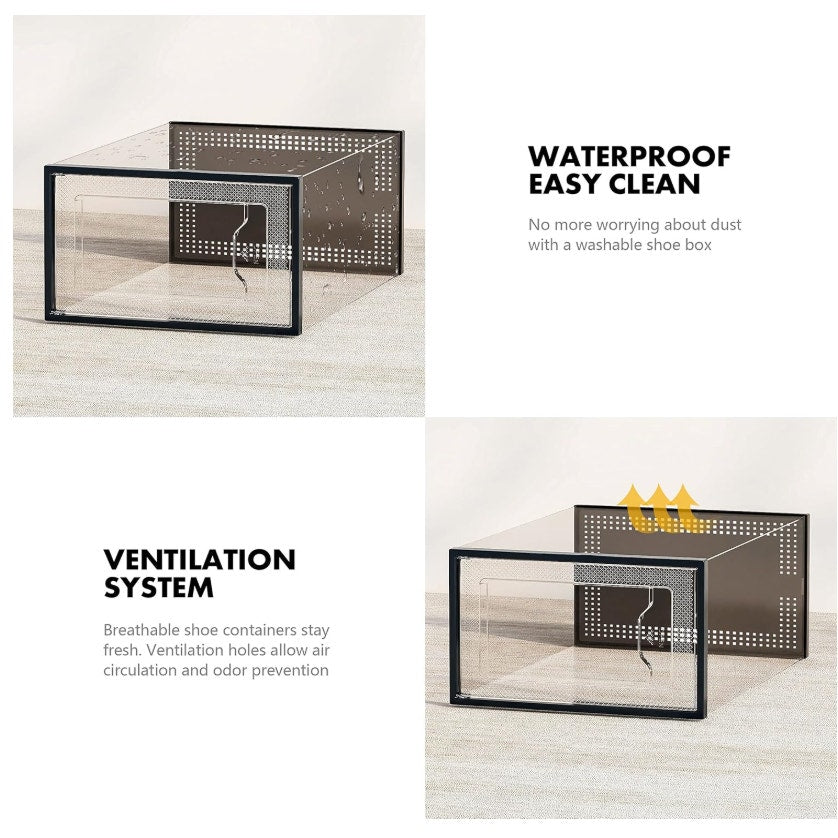 12 Pack Shoe Storage Box, Clear/Black Plastic Stackable Interlocking Bins MED