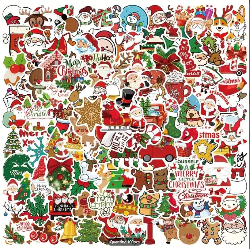 100pcs Festive Christmas Stickers - Cartoon Santa, Animals & Tree Designs for Laptops, Scrapbooks & Fridge Decor | Matte Finish, Self-Adhesive PVC