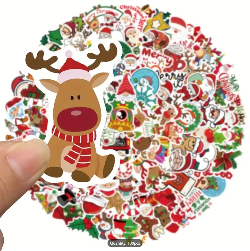 100pcs Festive Christmas Stickers - Cartoon Santa, Animals & Tree Designs for Laptops, Scrapbooks & Fridge Decor | Matte Finish, Self-Adhesive PVC