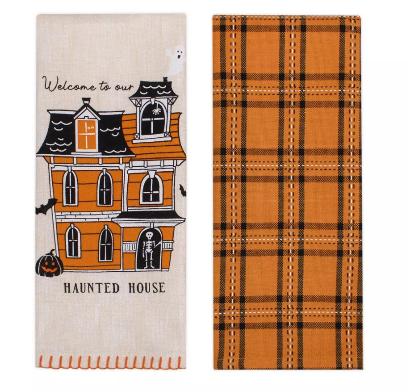 2pk Halloween Haunted House Printed and Plaid Dish Kitchen Towel - Bullseye's Playground™